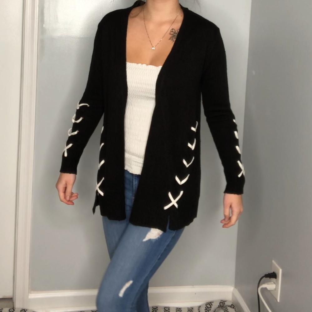 What’s next black white lace up knit cardigan S